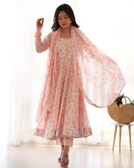 Chiffon Anarkali Set with Dupatta & Pants