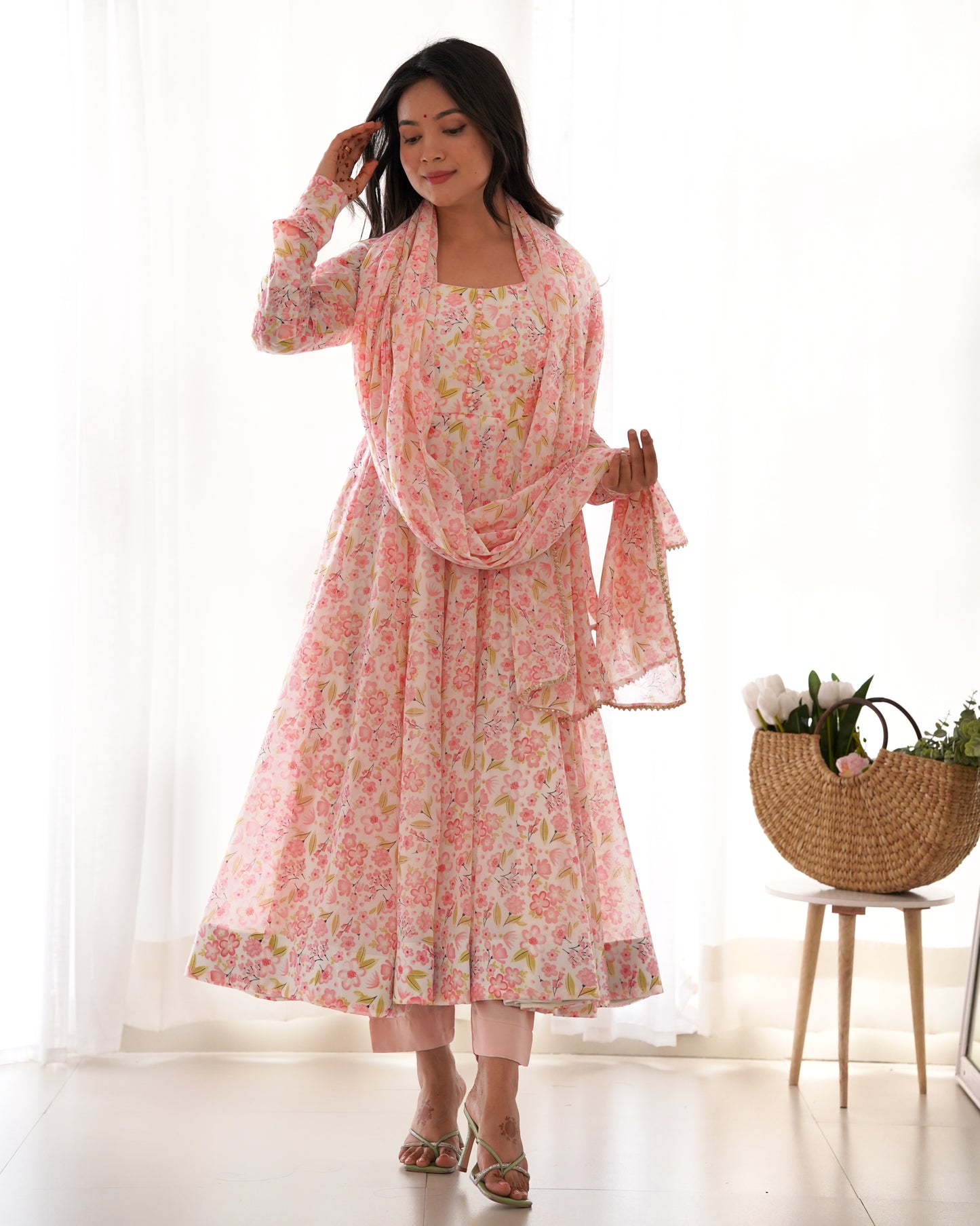 Chiffon Anarkali Set with Dupatta & Pants