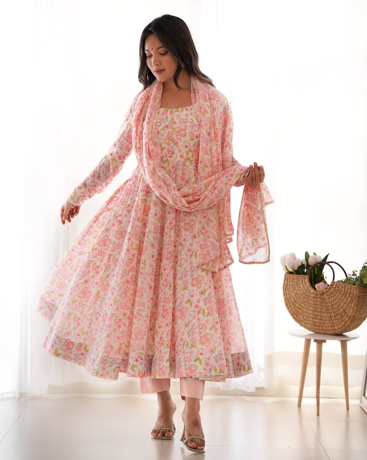 Chiffon Anarkali Set with Dupatta & Pants