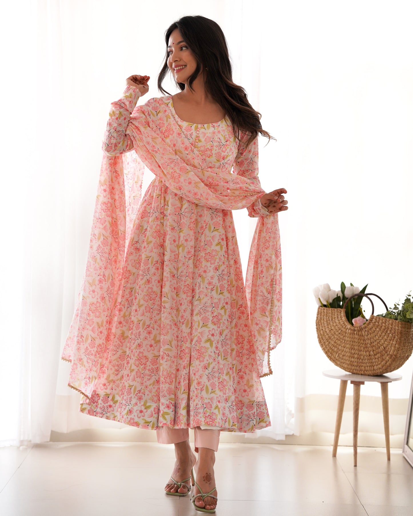 Chiffon Anarkali Set with Dupatta & Pants