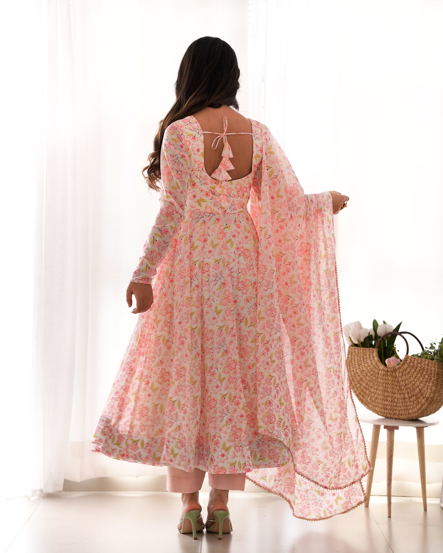 Chiffon Anarkali Set with Dupatta & Pants