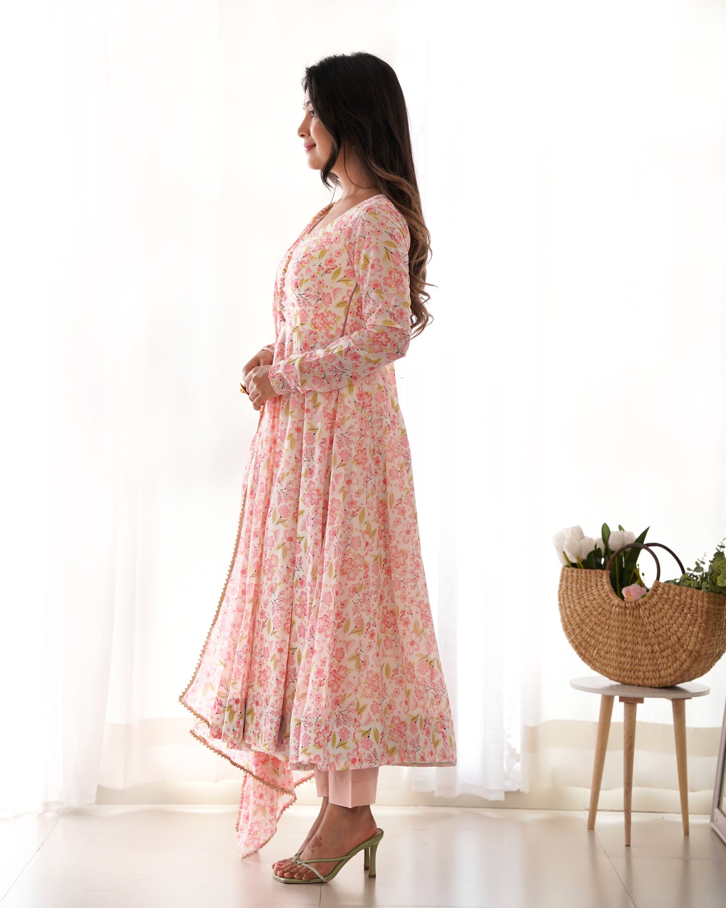 Chiffon Anarkali Set with Dupatta & Pants