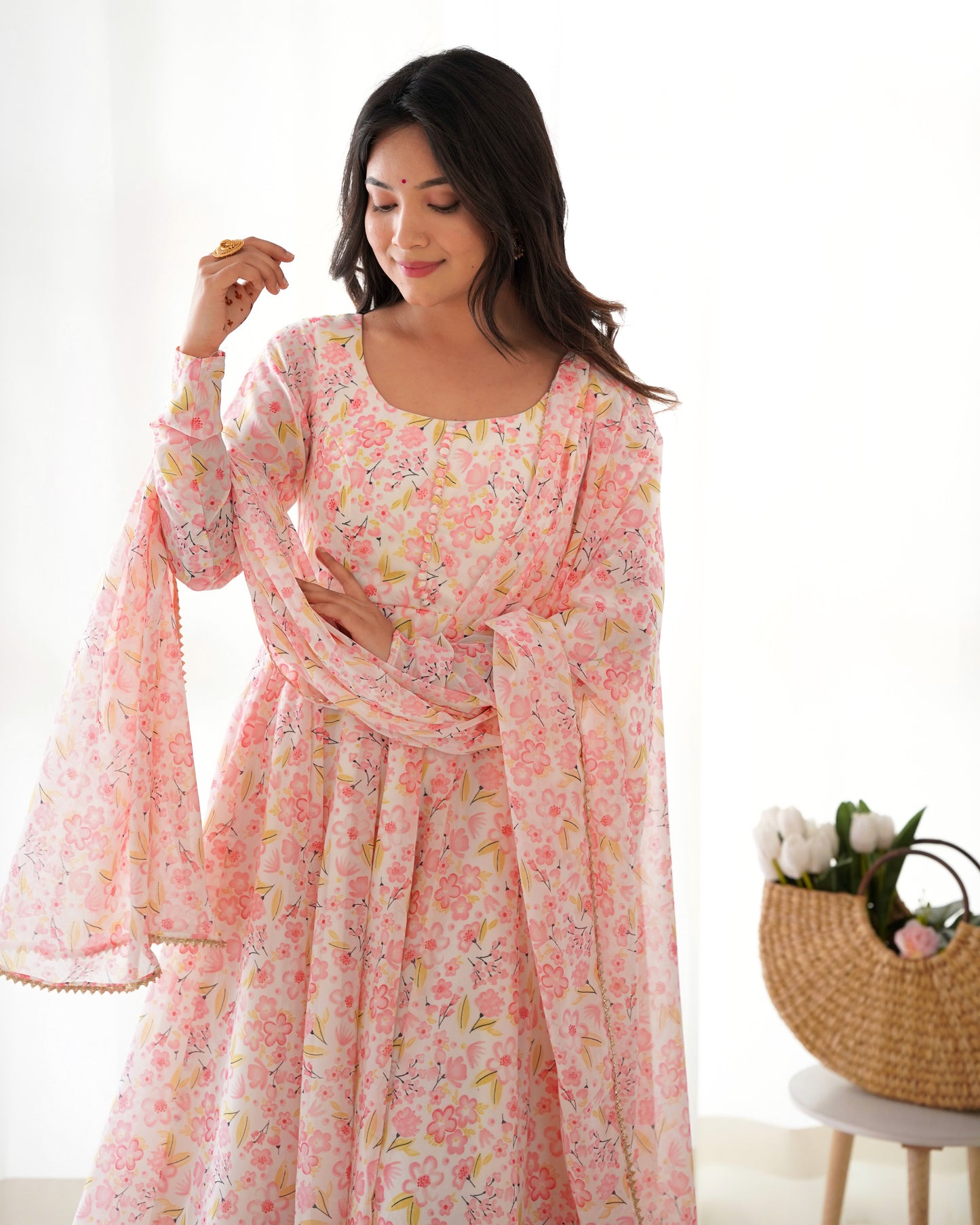 Chiffon Anarkali Set with Dupatta & Pants