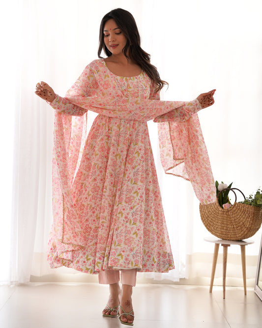 Chiffon Anarkali Set with Dupatta & Pants