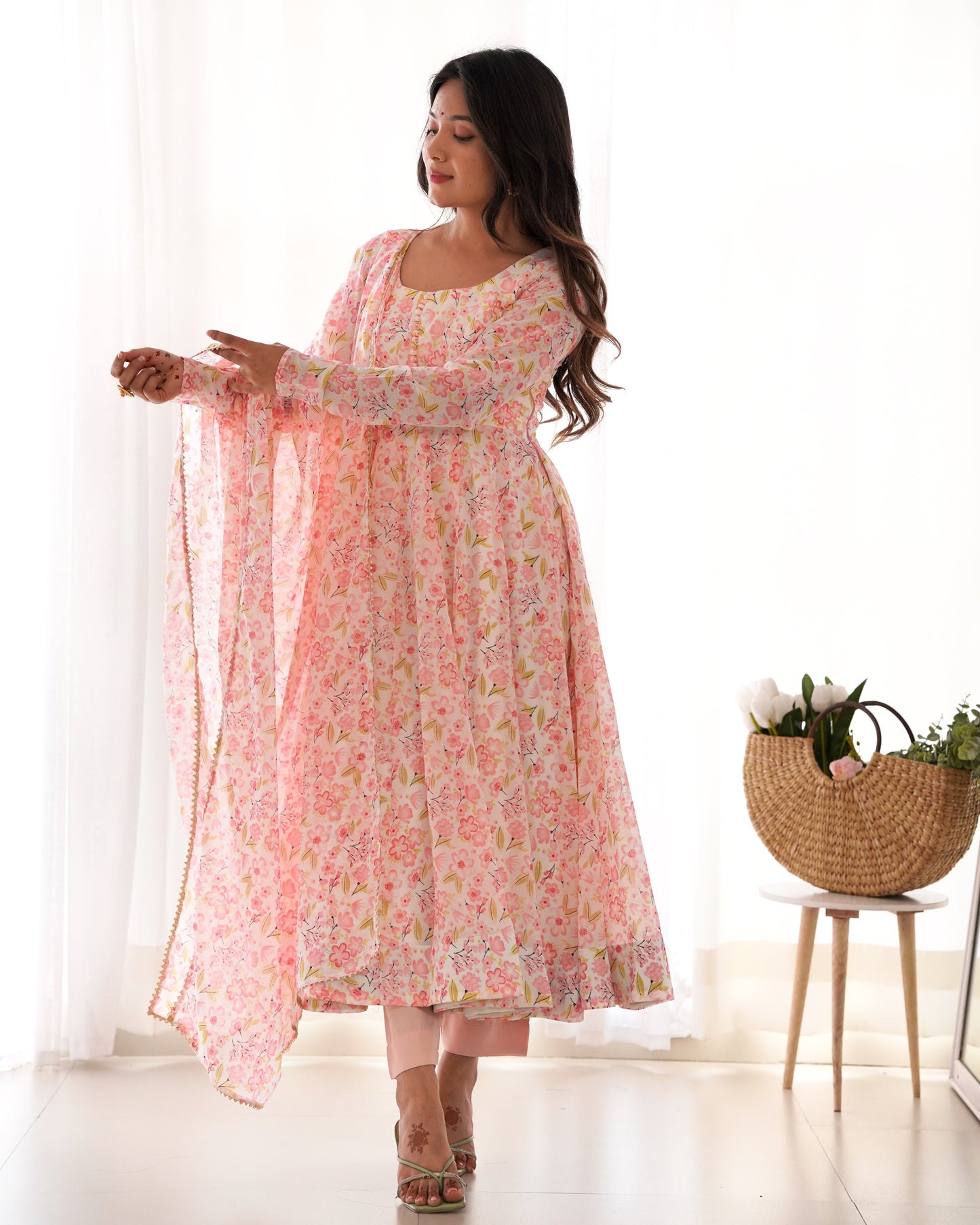 Chiffon Anarkali Set with Dupatta & Pants