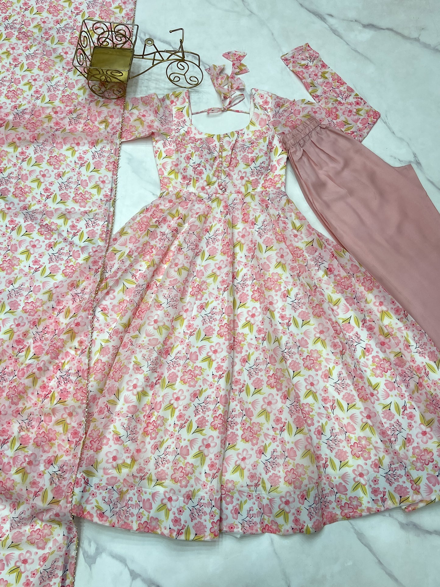 Chiffon Anarkali Set with Dupatta & Pants